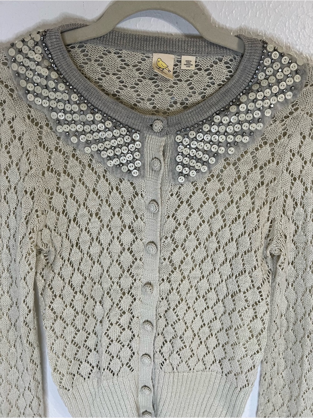 Anthropologie Light Gray Beaded-Collar Openwork Cardigan